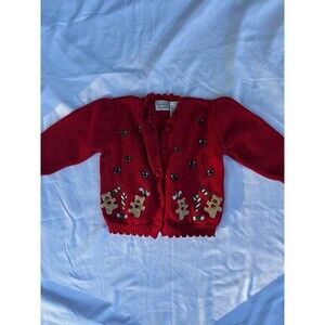 Nursery Rhyme Red Knit Christmas Bear Graphic Button Cardigan Sweater 12-18M